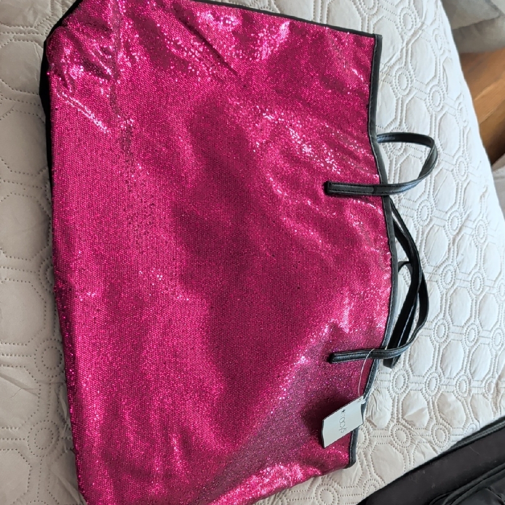 Macy's Vibrant Pink Sequin Tote with Black Straps